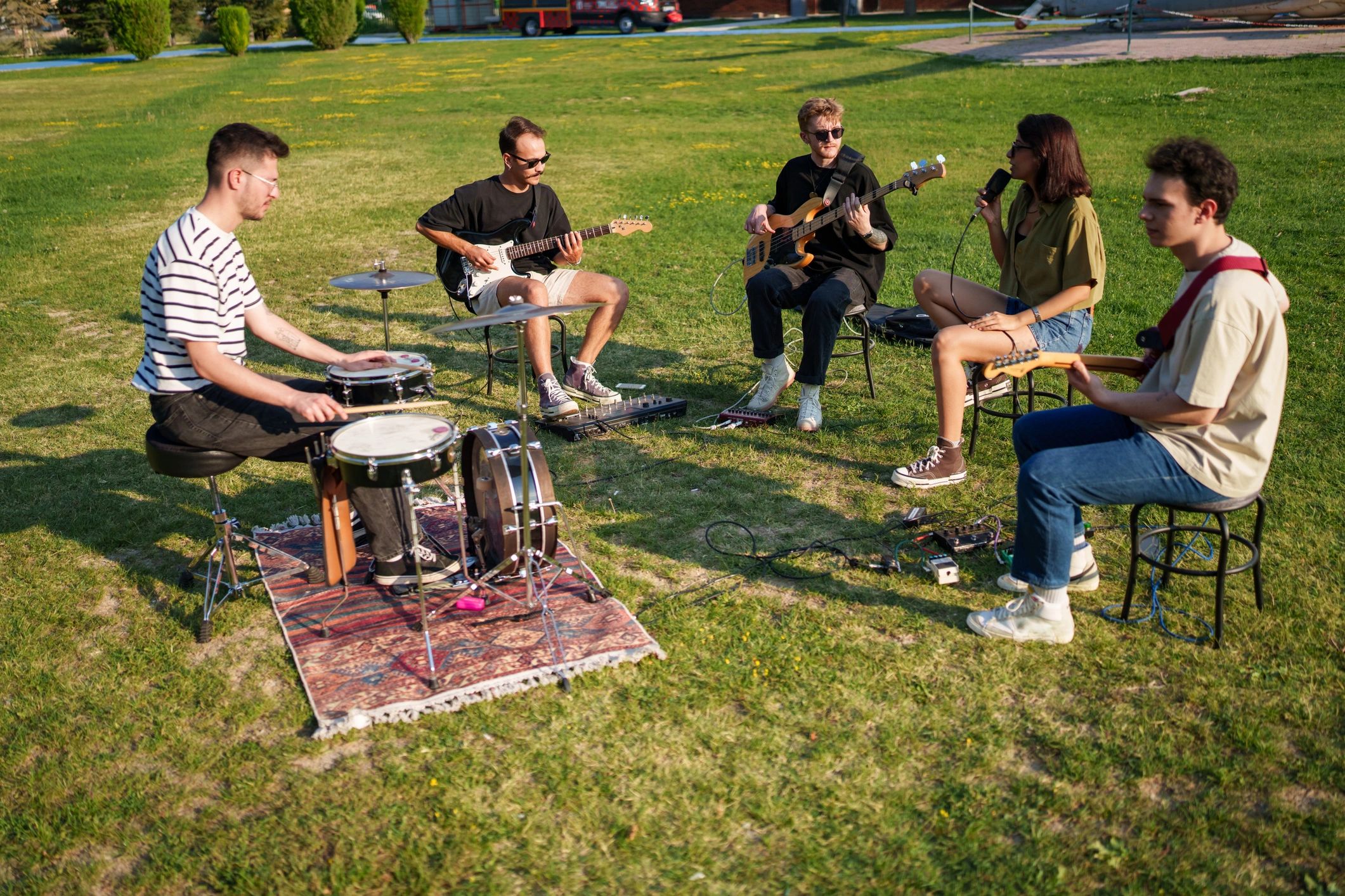 Band playing together during an outdoor performance